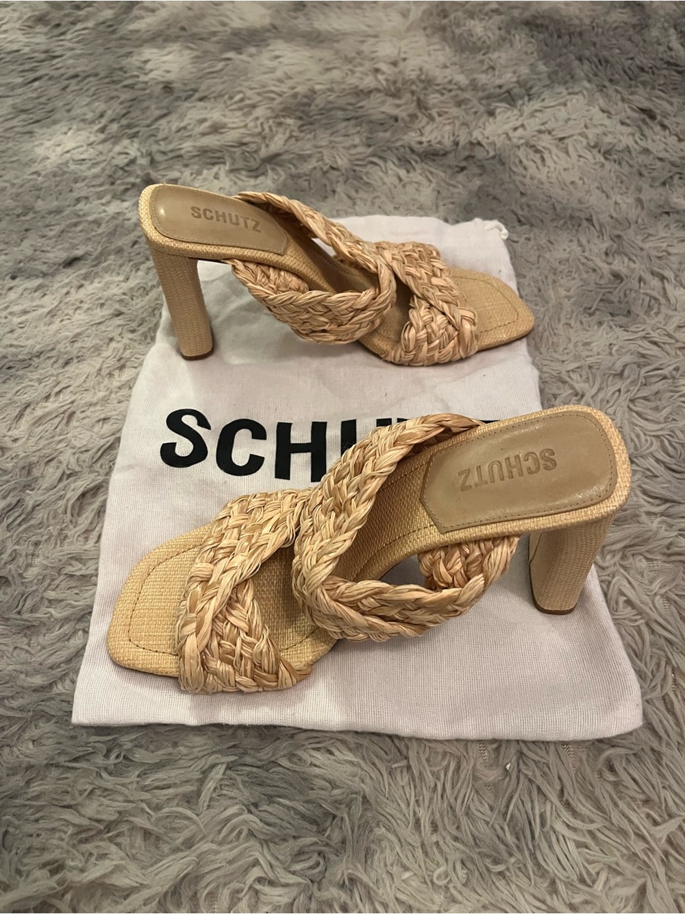 SCHUTZ Braided Straw Mule Heels — Natural Beige